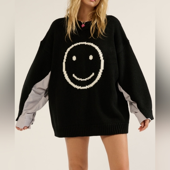 #92 SALE 🛑48 S Fabulous Smiley Face Contrast Oversize Sweater - Picture 7 of 13